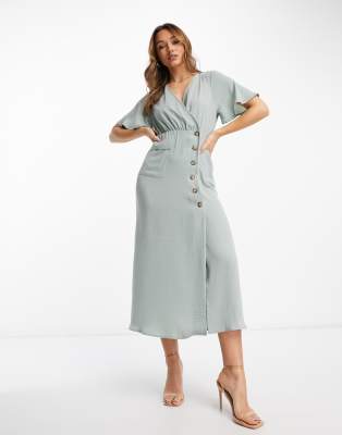 Asos Design Wrap Button Skirt Midi Dress With Pocket Detail In Duck Egg-blue In Blue