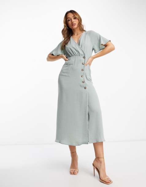 ASOS DESIGN wrap button skirt midi dress with pocket detail in duck egg