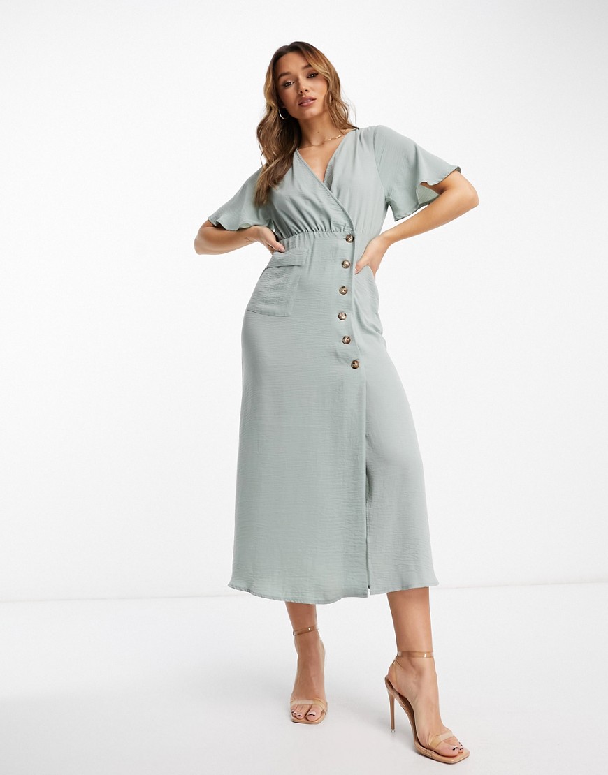 ASOS DESIGN wrap button skirt midi dress with pocket detail in duck egg-Blue