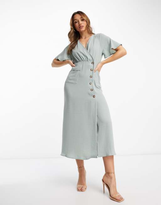 Button front pocket detail midi clearance dress