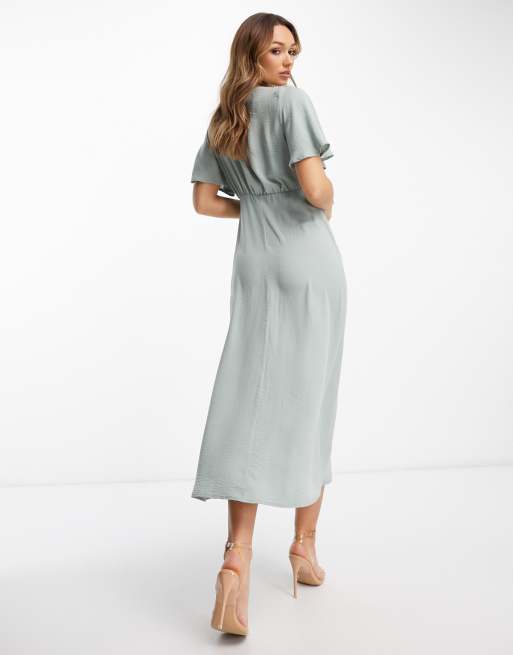 ASOS DESIGN wrap button skirt midi dress with pocket detail in duck egg