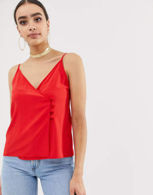 ASOS DESIGN wrap cami with side button detail-Red Red