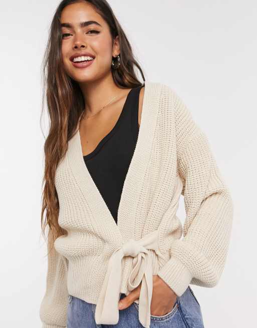 ASOS DESIGN zip through cardigan with collar in stone