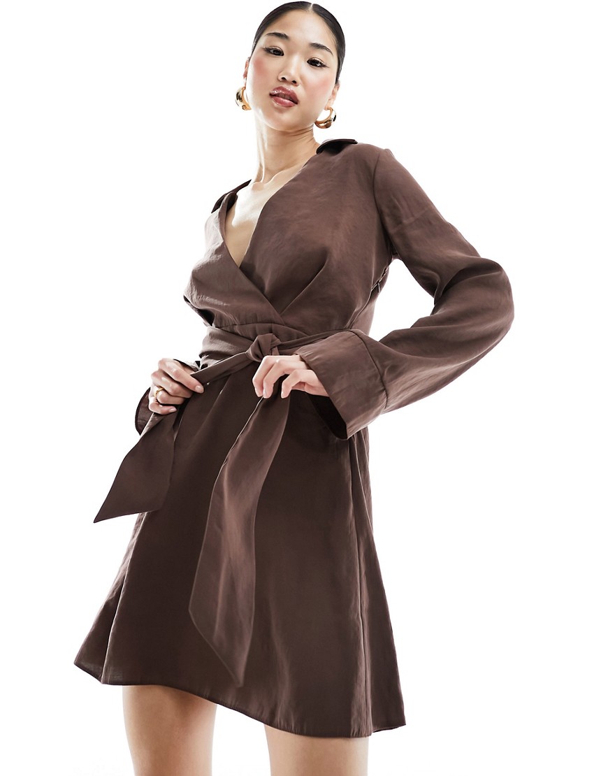ASOS DESIGN wrap collar mini dress with tie waist and deep cuff in chocolate-Brown