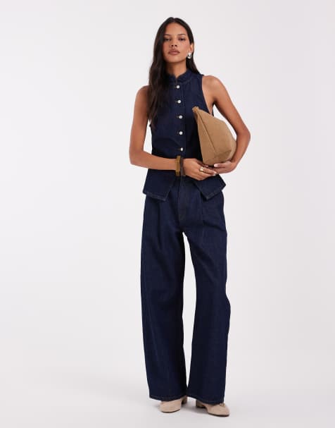 ASOS DESIGN wrap collar sleeveless top and jean co-ord in rinse - view 1