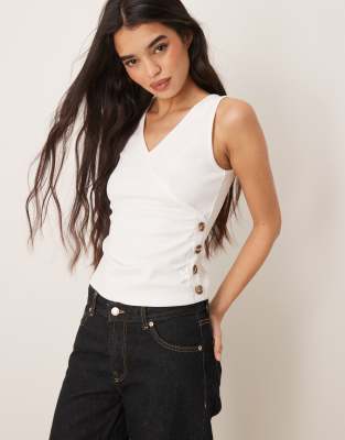 Asos Design Wrap Cupro Tank Top With Buttons In White