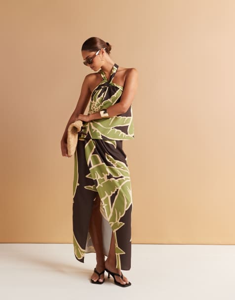 ASOS DESIGN wrap detail co-ord midi skirt in palm print - view 1