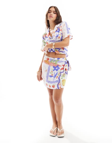 ASOS DESIGN wrap detail co-ord skort in mosaic fruit print - view 1