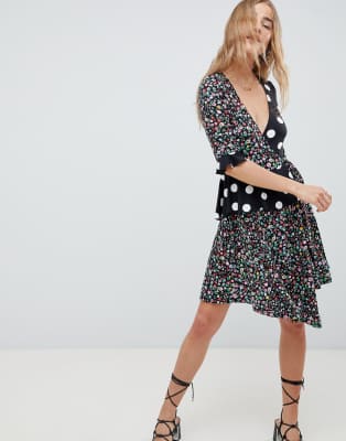 mixed print wrap dress