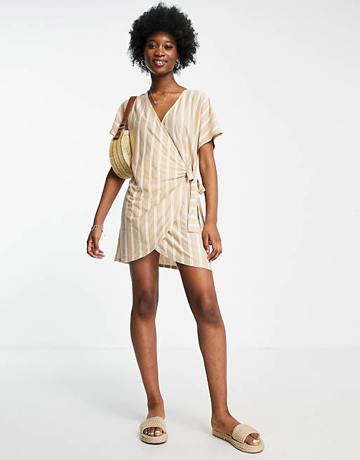 Women wrap dress in taupe and cream stripe 