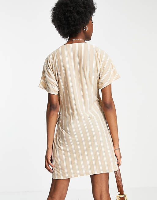 Women wrap dress in taupe and cream stripe 