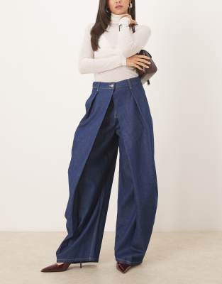 Asos Design Wrap Extreme Pleats Barrel Leg Jeans In Blue