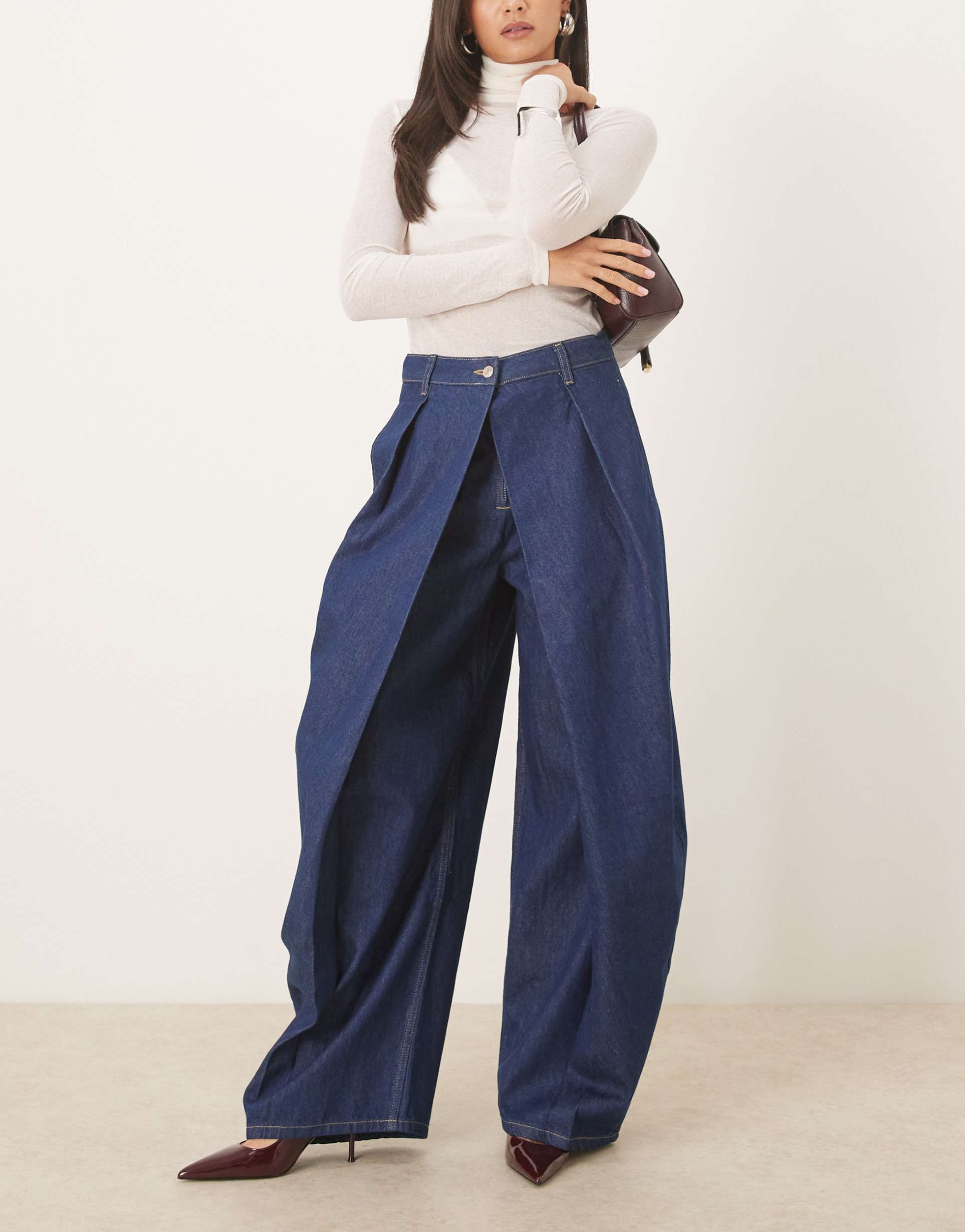 asos design wrap extreme pleats barrel leg jeans in indigo