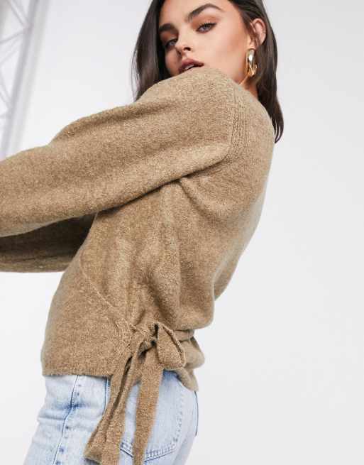 ASOS DESIGN knit leggings & fluffy sweater with zip collar set in brown