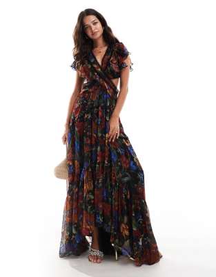 wrap flutter sleeve maxi dress with lace trim in black floral print-Multi