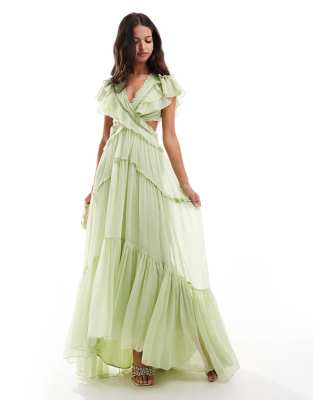 wrap flutter sleeve maxi dress with lace trim in sage green