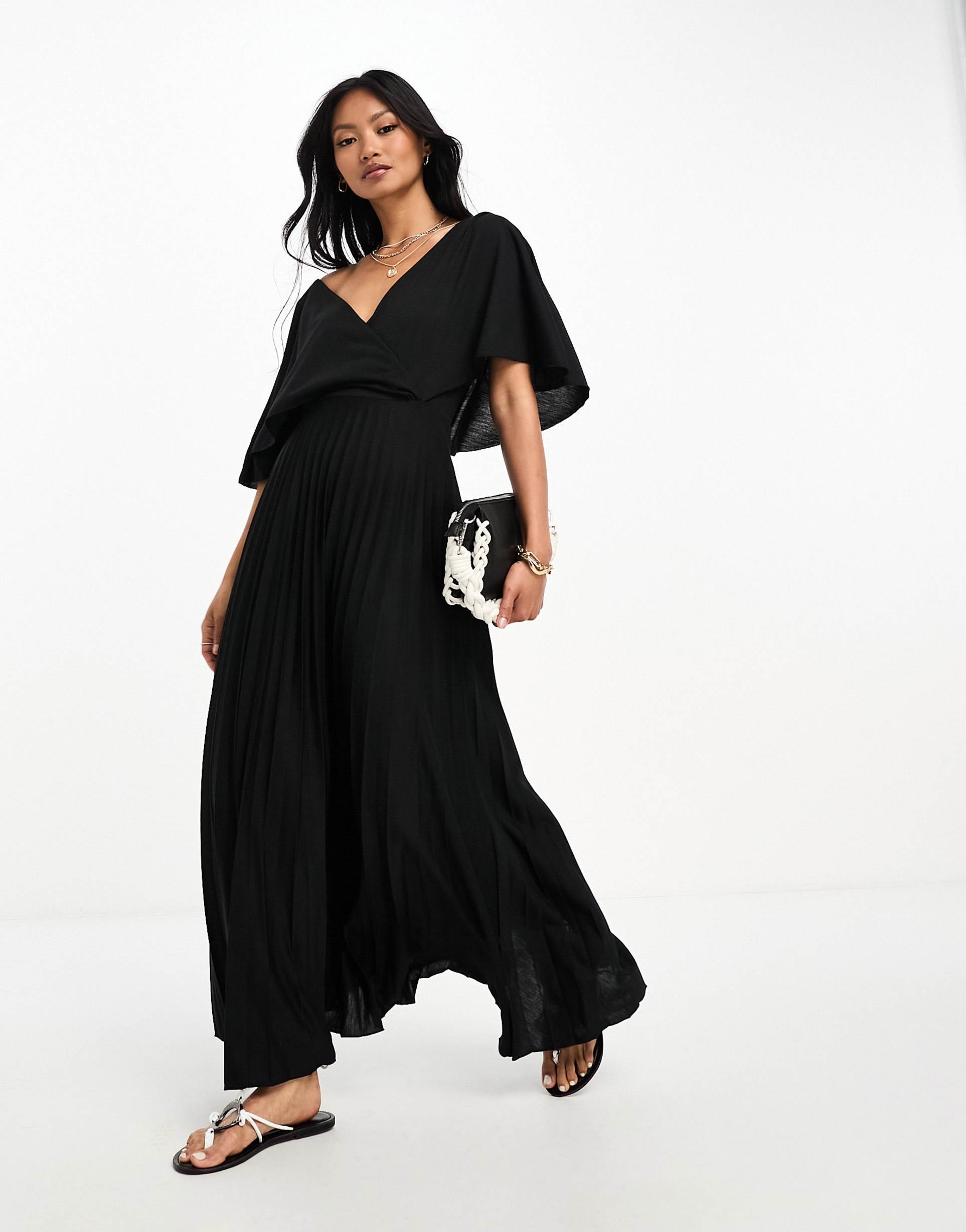 asos design wrap flutter sleeve midi dress with pleat skirt in black