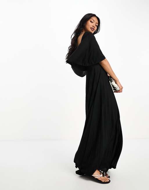 ASOS DESIGN wrap flutter sleeve midi dress with pleat skirt in black ASOS