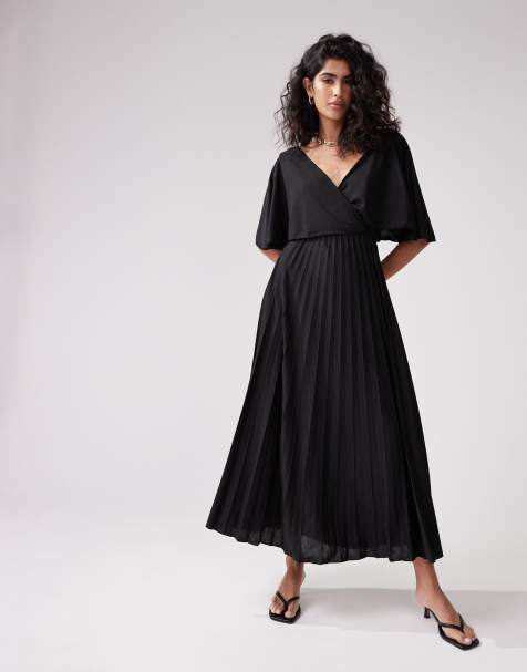 ASOS DESIGN wrap flutter sleeve midi dress with pleat skirt in black - view 1