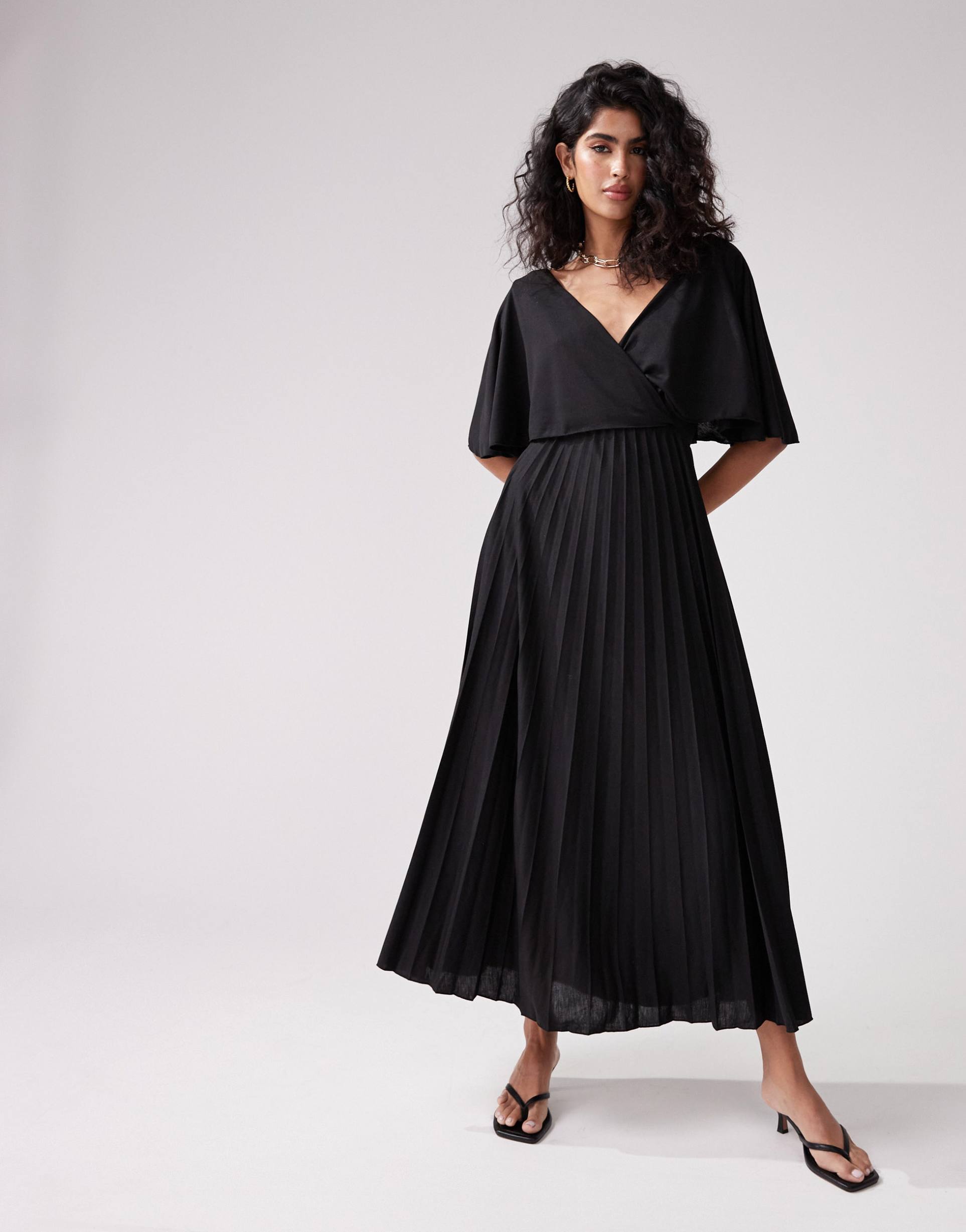 asos design wrap flutter sleeve midi dress with pleat skirt in black