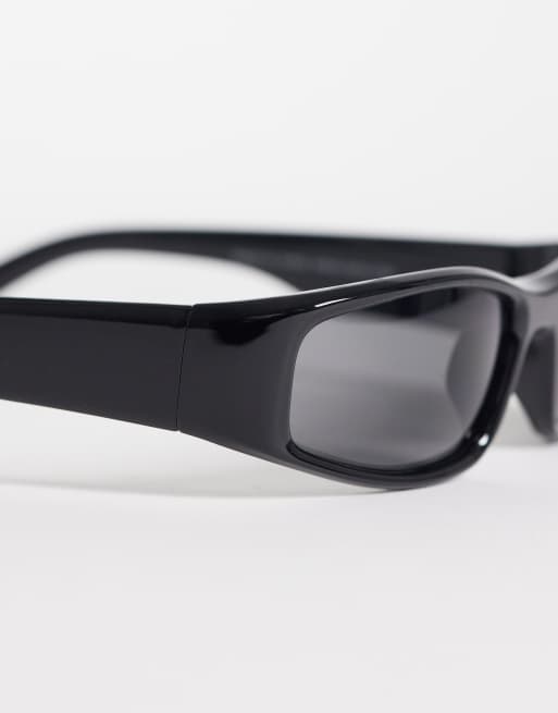 ASOS DESIGN wrap frame sunglasses in black with black lens, 2 of 3