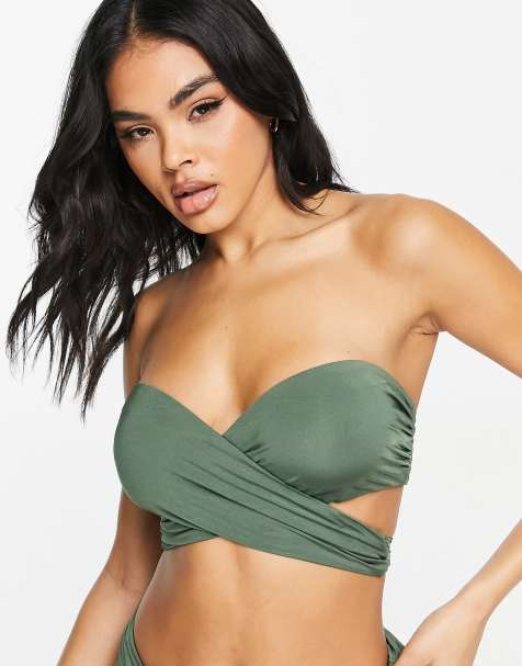 ASOS DESIGN wrap front bandeau bikini top in khaki - view 1