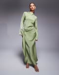 [ASOS DESIGN] ASOS DESIGN wrap front batwing ripple satin bias maxi dress in olive-Green 4 Olive