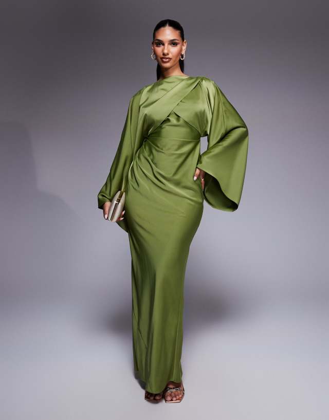 ASOS DESIGN wrap front batwing ripple satin bias maxi dress in olive