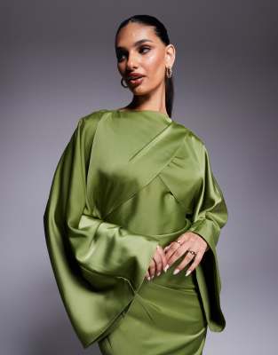 ASOS DESIGN wrap front batwing ripple satin bias maxi dress in olive