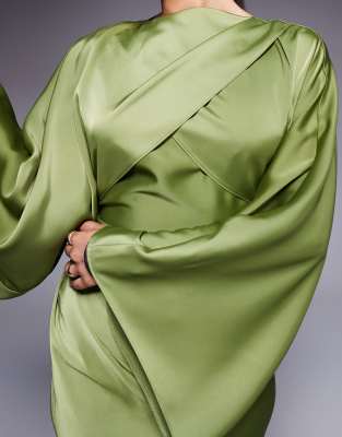 ASOS DESIGN wrap front batwing ripple satin bias maxi dress in olive