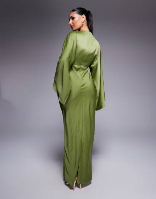 ASOS DESIGN wrap front batwing ripple satin bias maxi dress in olive
