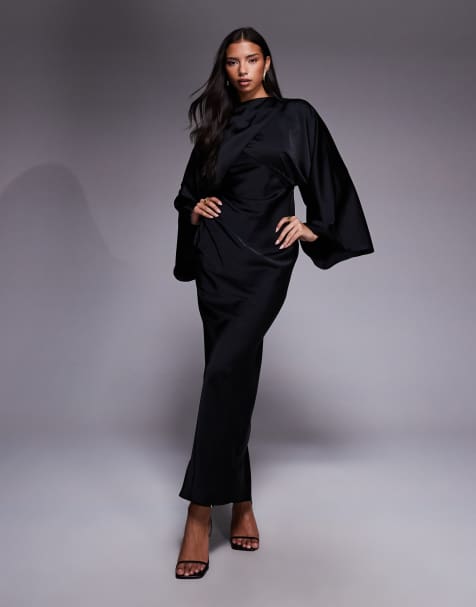 ASOS DESIGN wrap front batwing satin bias cut maxi dress in black - view 1