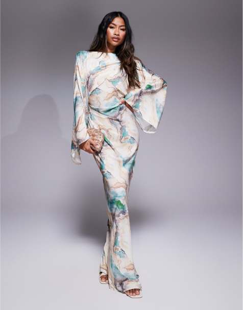 ASOS DESIGN wrap front batwing satin bias maxi dress in abstract print