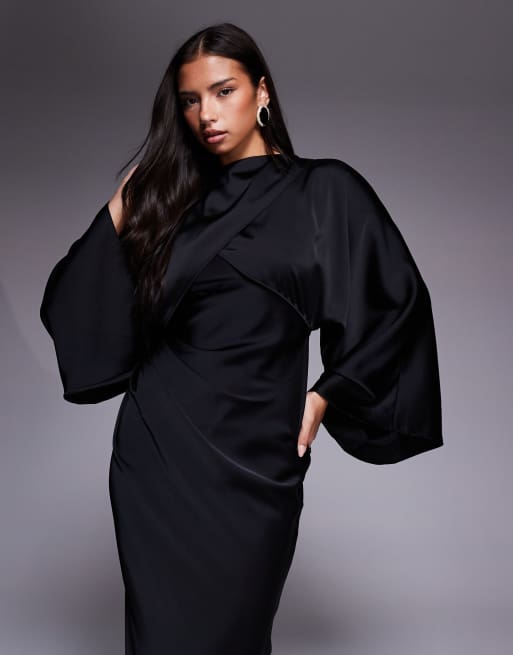 ASOS DESIGN wrap front batwing satin bias maxi dress in black, 3 of 4