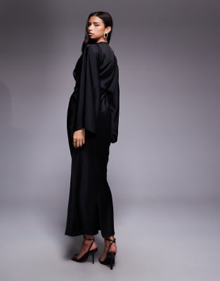 ASOS DESIGN wrap front batwing satin bias maxi dress in black
