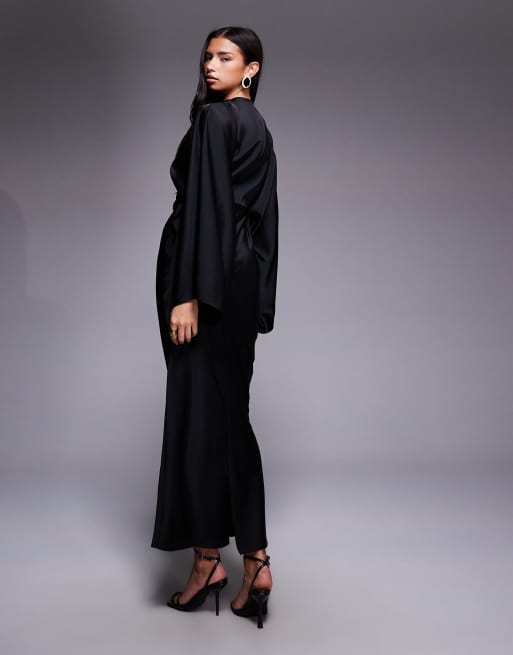 ASOS DESIGN wrap front batwing satin bias maxi dress in black, 4 of 4