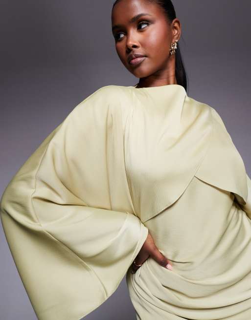 ASOS DESIGN wrap front batwing satin bias maxi dress in soft olive green