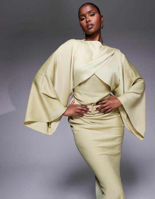 ASOS DESIGN wrap front batwing satin bias maxi dress in soft olive green