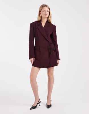 Asos Design Wrap Front Blazer Dress With Tie Side In Burgundy
