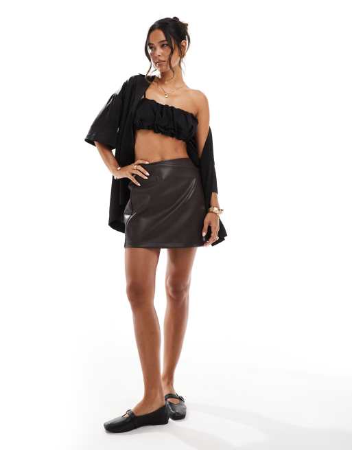 ASOS DESIGN wrap front button leather look mini skirt in dark brown