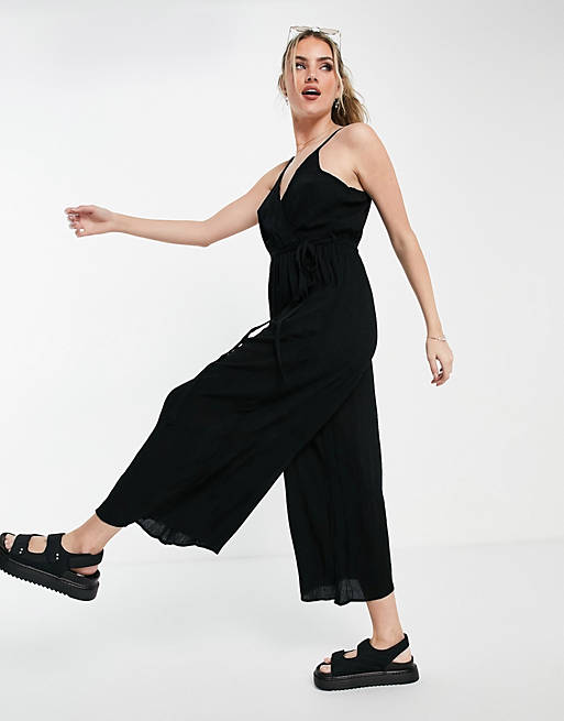 Jumpsuits & Playsuits wrap front cami culotte trim jumpsuit in black 