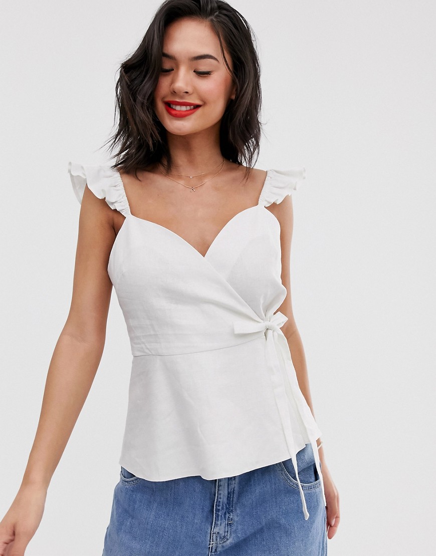 ASOS DESIGN wrap front cami top with ruffle strap in linen-White
