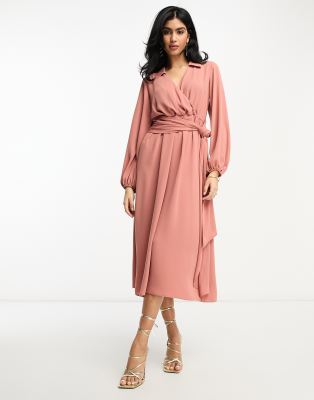 Asos Design Collared Wrap Midi Dress With Tie Belt In Terracotta-pink