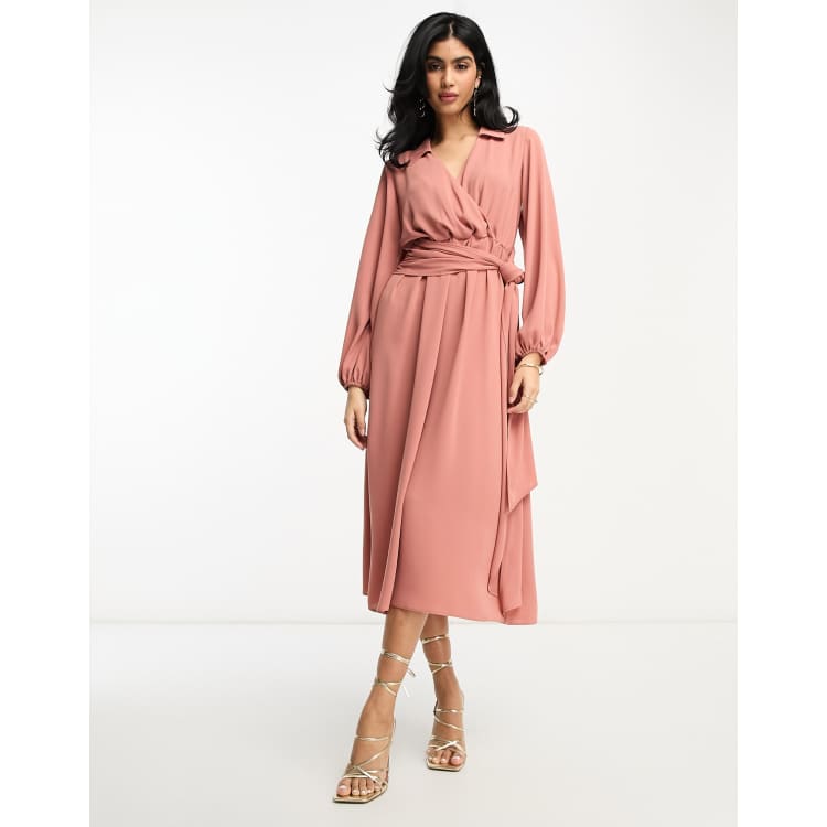 asos design wrap detail midi dress with long sleeves