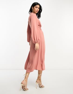 ASOS DESIGN wrap front collar long sleeve midi dress with tie waist in terracotta ASOS