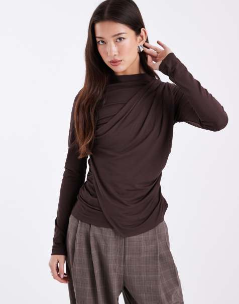 ASOS DESIGN wrap front detail long sleeve top in brown - view 1