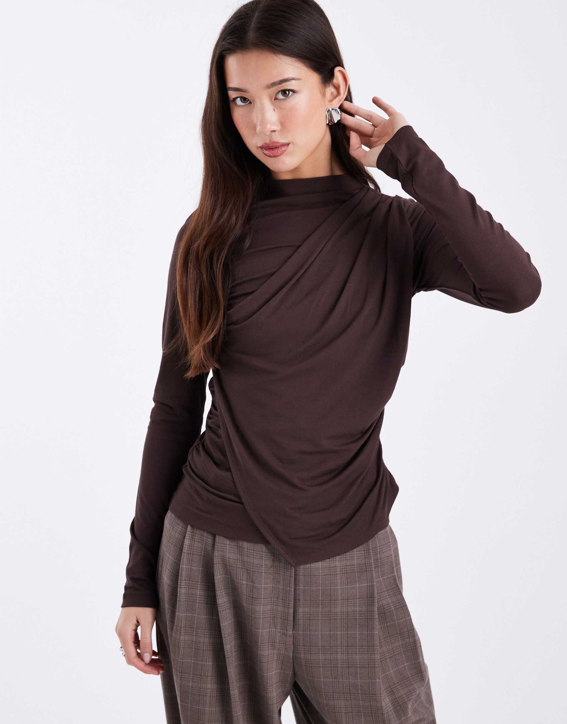 asos design wrap front detail long sleeve top in brown