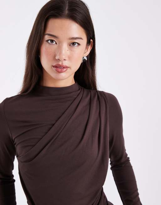 ASOS DESIGN wrap front detail long sleeve top in brown