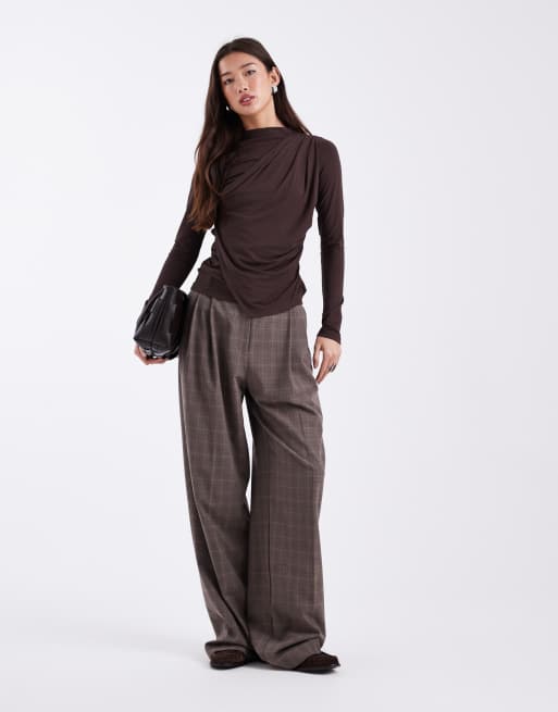 ASOS DESIGN wrap front detail long sleeve top in brown