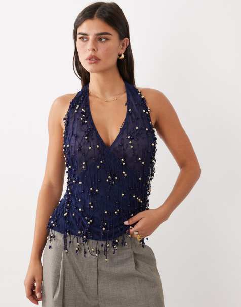 ASOS DESIGN wrap front halter neck top with beaded fringing in navy - view 1